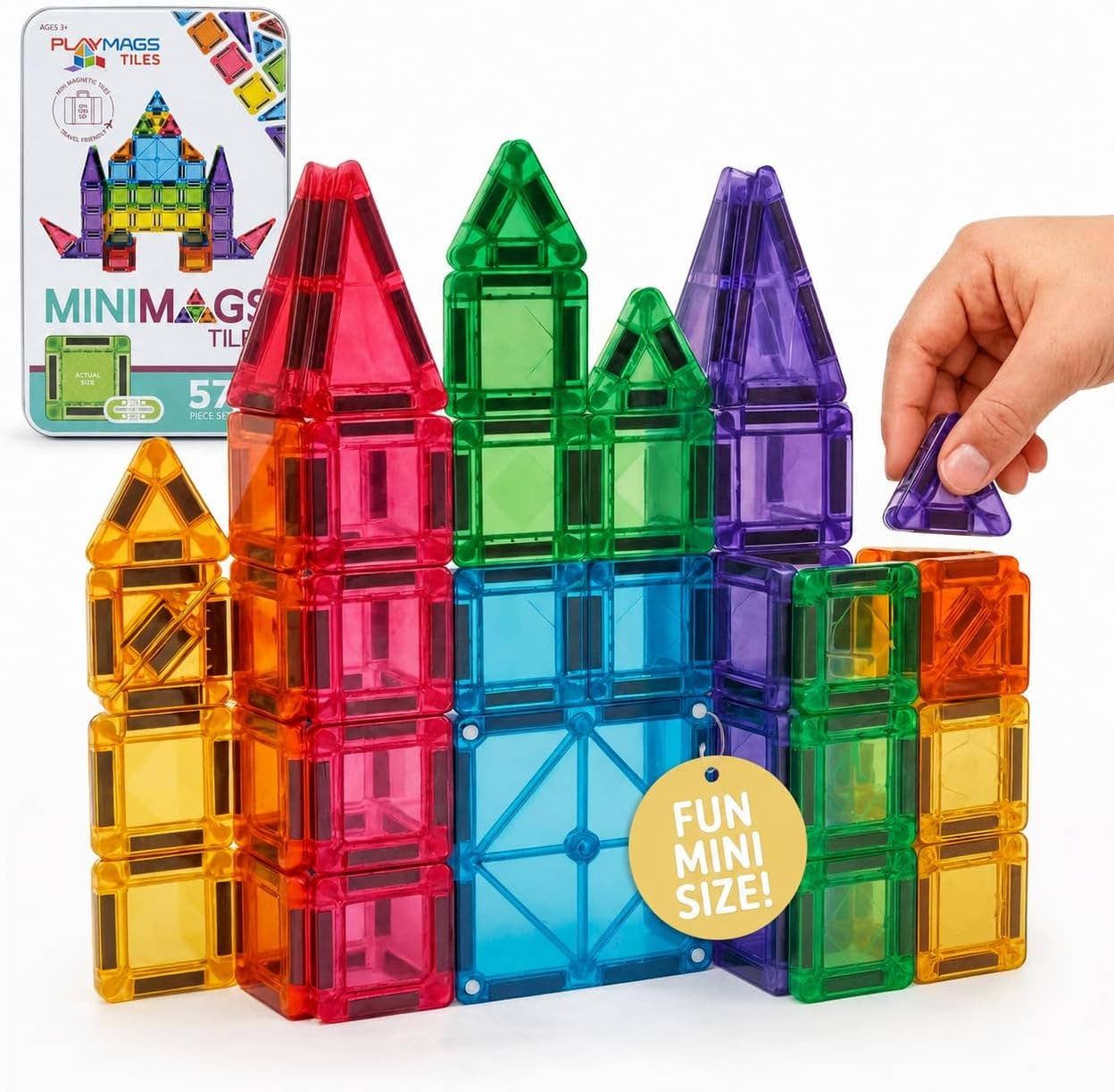 Mini Magnetic Building Tiles – 57 Pieces, Travel Construction Toy in Tin