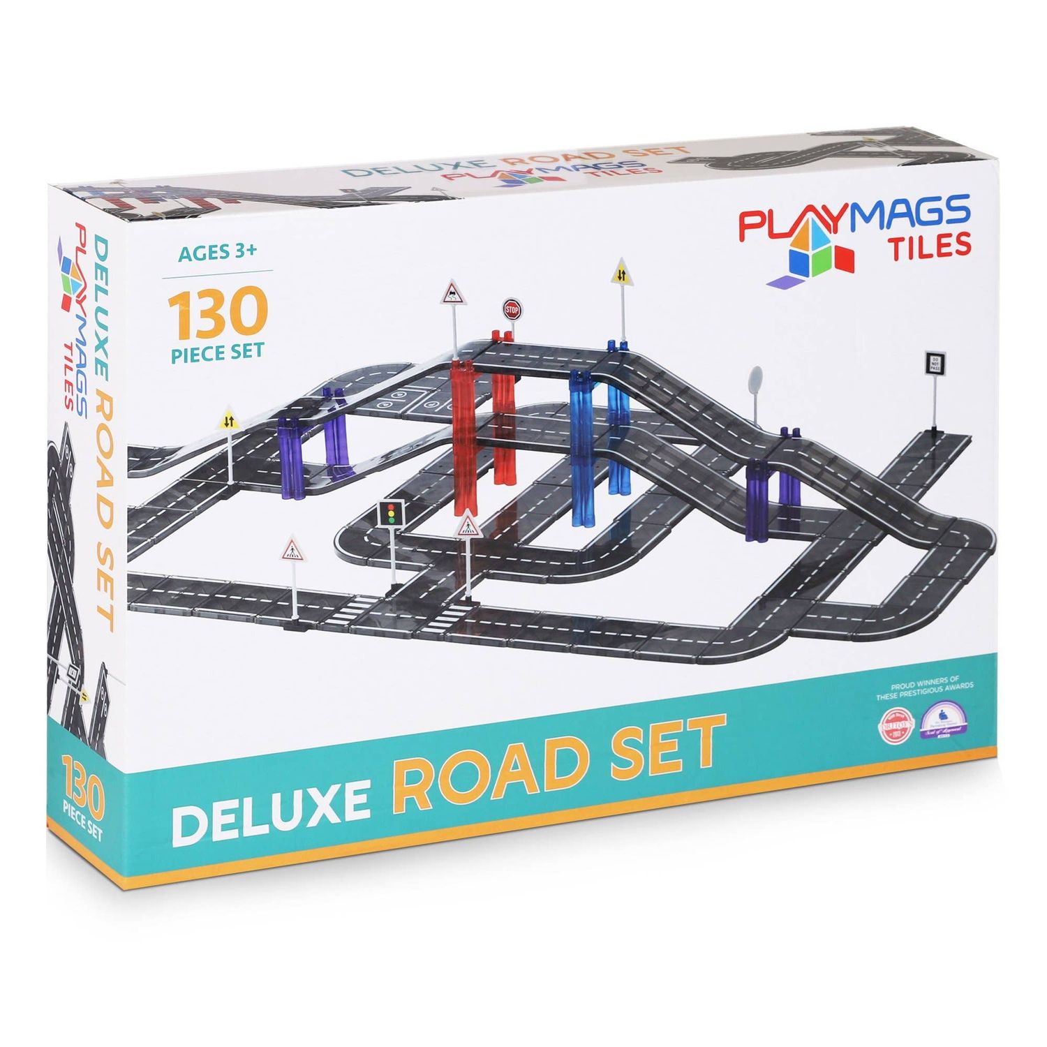 Magnetic Road Building Tiles Set – 130 Pieces with Roads, Bridges &amp; Traffic Signs