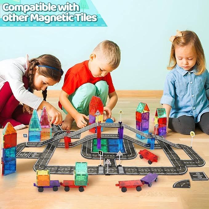 Set di tessere magnetiche per costruire strade – 130 pezzi con strade, ponti e segnali stradali