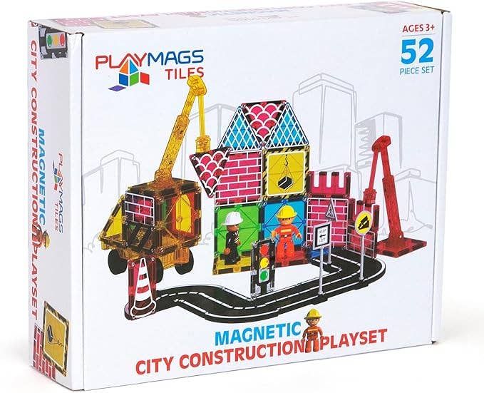 Magnetic City Construction Building Set – 52 Pieces with Crane &amp; Vehicles