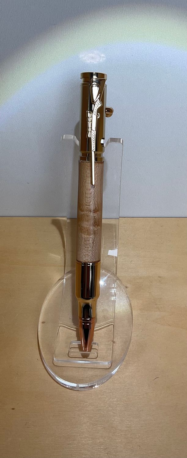 BOLT ACTION houten balpen, handmade, gedraaid op de houtdraaibank in België, Goud penkit van Penn State Industries, afgewerkt met Birds Eye.