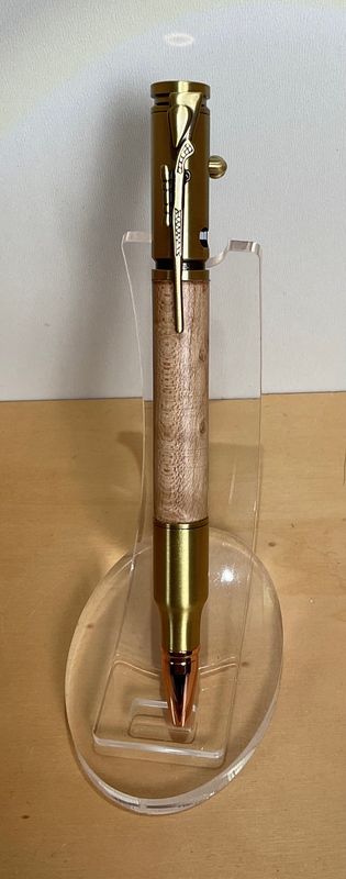 BOLT ACTION houten balpen, handmade, gedraaid op de houtdraaibank in België, Antique Brass penkit van Penn State Industries, afgewerkt met Birds Eye.