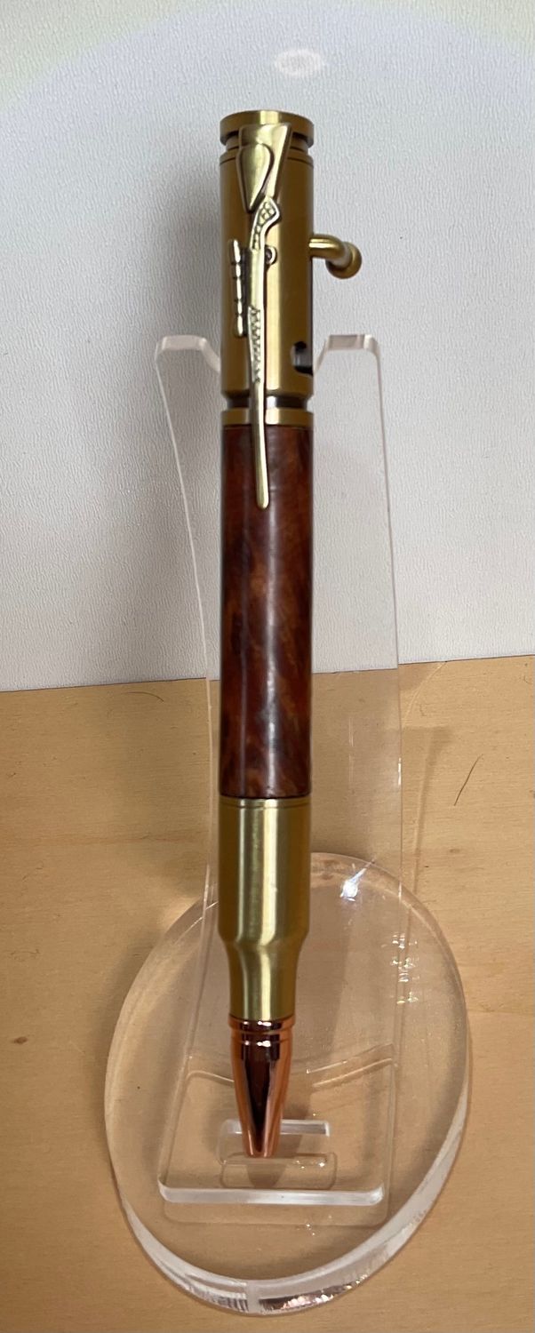 BOLT ACTION houten balpen, handmade, gedraaid op de houtdraaibank in België, Antique Brass penkit van Penn State Industries, afgewerkt met Thuya Burr.
