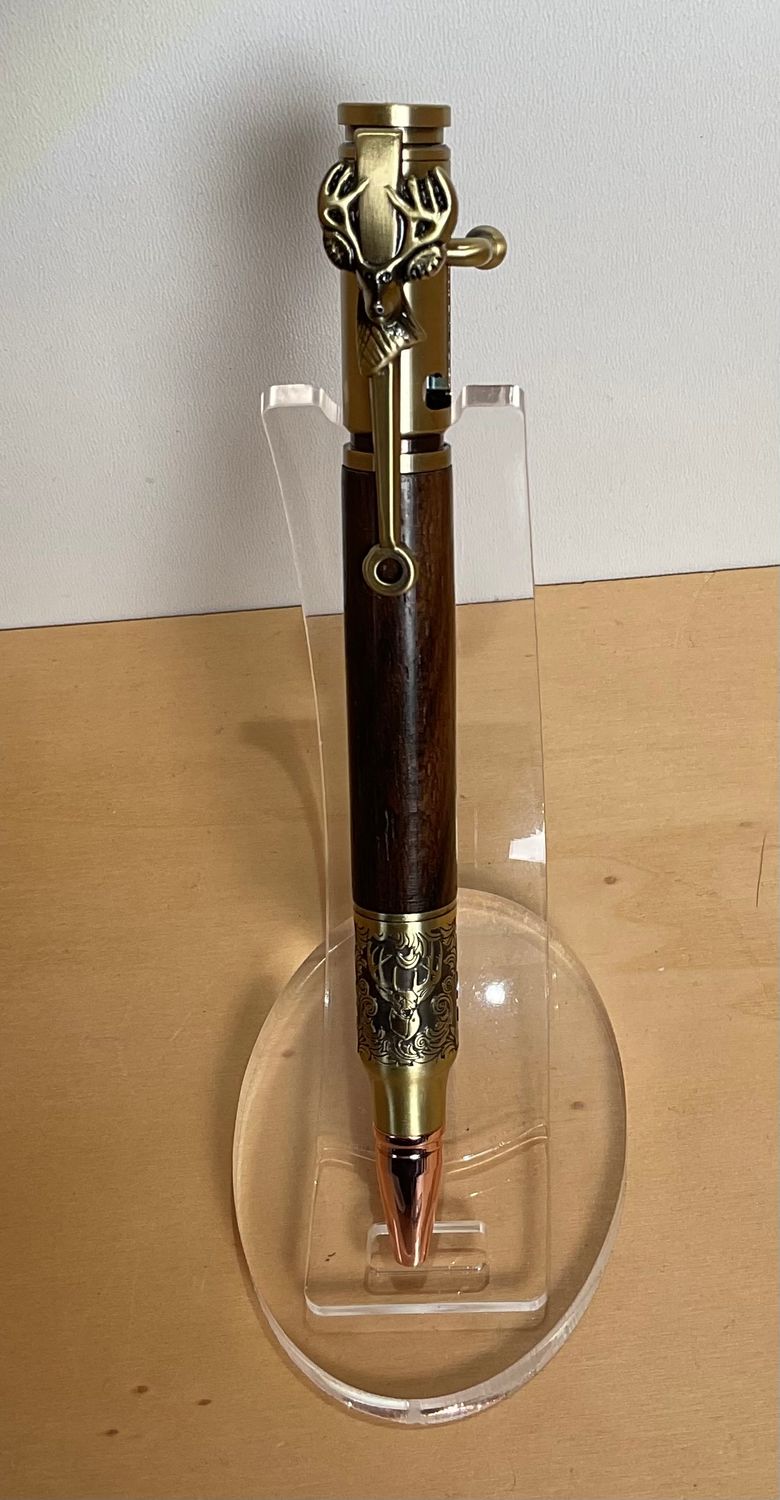 BOLT ACTION DEER HUNTER houten balpen, handmade, gedraaid op de houtdraaibank in België, Antique Brass penkit van Penn State Industries, afgewerkt met Indische Pallissander .