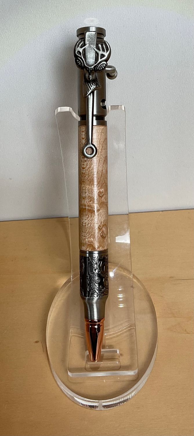 BOLT ACTION DEER HUNTER houten balpen, handmade, gedraaid op de houtdraaibank in België, Antique Pewter penkit van Penn State Industries, afgewerkt met Birds Eye.