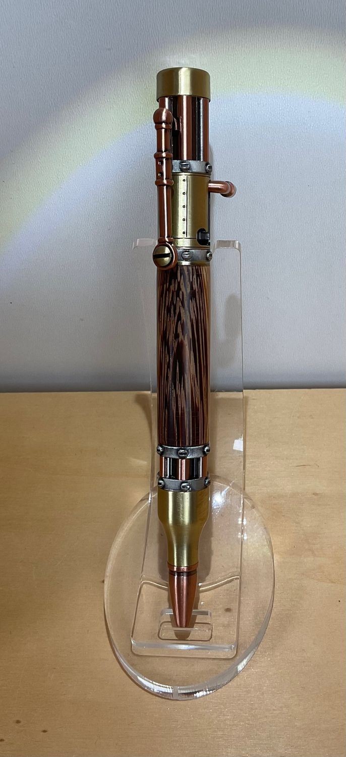 BOLT ACTION STEAMPUNK houten balpen, handmade, gedraaid op de houtdraaibank in België, Antique Brass penkit van Penn State Industries, afgewerkt met Marble Wood.