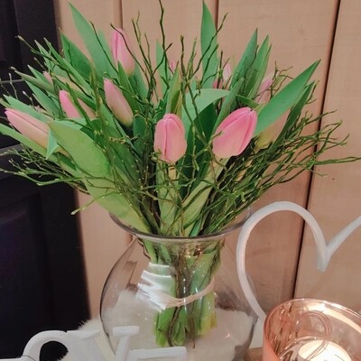 Tulpjes roze met Heidelbeer 20 stuks ( je kunt ze per 5 vermeerderen)