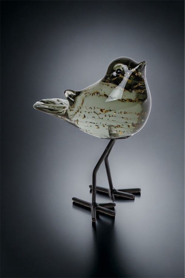 Sculptuur vogel op voet helder/d.groen glas