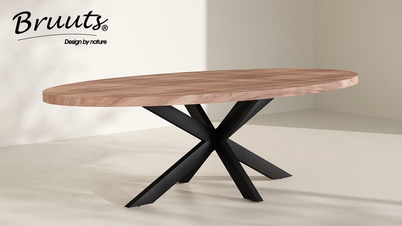 Eettafel acacia OVAAL met rechte rand - matte lak Eettafel acacia OVAAL met rechte rand - matte lak, Afmeting: 200 x 110 cm, Onderstel: Spinpoot metaal recht