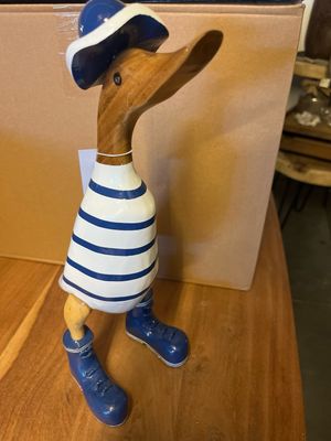 Houten eend donkerblauw wit