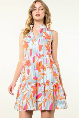 THML Sleeveless Light Blue Flower Striped Dress