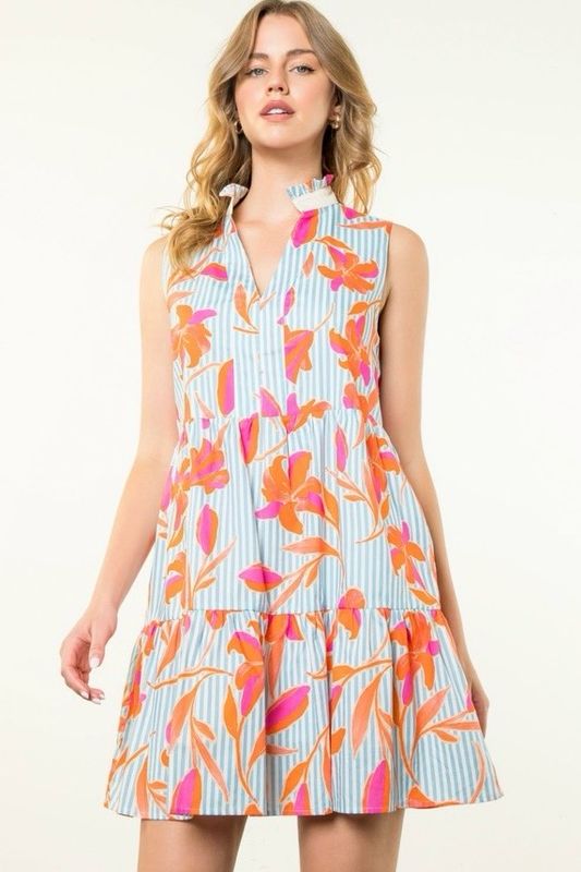 THML Sleeveless Light Blue Flower Striped Dress