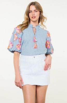 THML Blue Hand Embroidered Puff Sleeve Stripe Top
