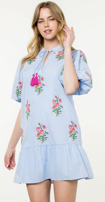 THML Puff Sleeve Blue Embroidered Striped Dress