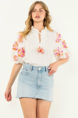 THML Cream Hand Embroidered Puff Sleeve Top