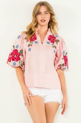 THML Pink Flower Embroidered Puff Sleeve Top
