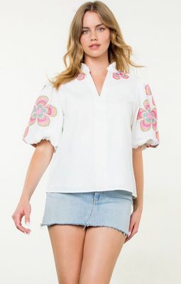 THML White Floral Embroidered Puff Sleeve Textured Top