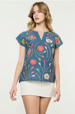 THML Flower Embroidered Blue Textured Top