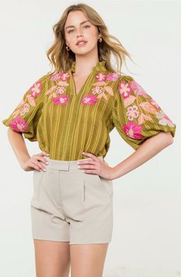 THML Moss Green Embroidered Puff Sleeve Textured Top