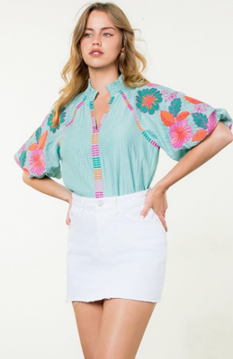 THML Aqua Embroidered Puff Sleeve Top