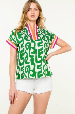 THML Short Sleeve Green Print Top