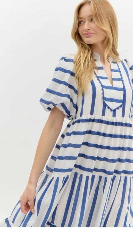 Blue &amp; White Stripe Long Puff Sleeve Dress