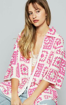 Croquet Pink &amp; White Collared Top