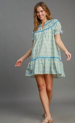 Eyelet Cream &amp; Blue Fabric Dress