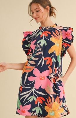 Floral Print Navy Ruffle Cup Sleeve Dress