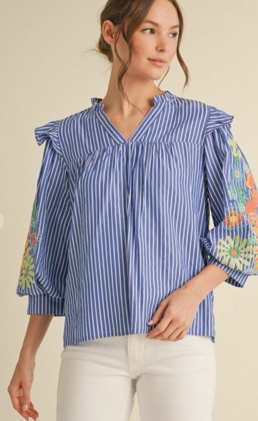 Striped Denim Top with Slit Frilled Neck