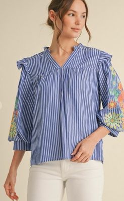 Striped Denim Top with Slit Frilled Neck
