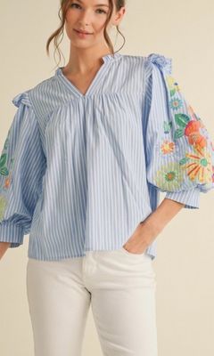 Striped Blue &amp; White Top With Slit Frilled Neck