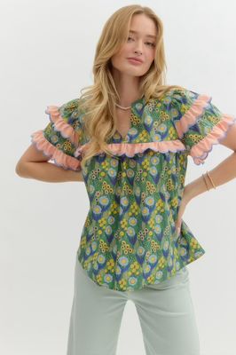 Floral Print V-Neck Ruffle Short Sleeve Top