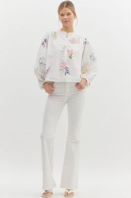 Multi Color Floral Print Eyelet Top