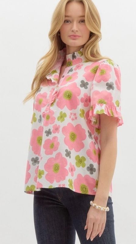 Pink Floral Print Ruffle Short Sleeve Top