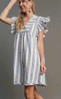 Striped Blue &amp; White V Neck Dress