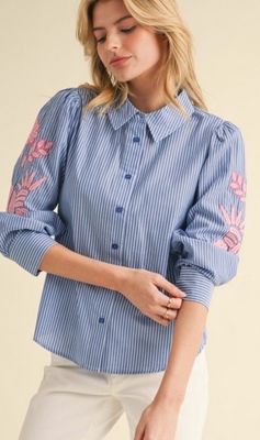Blue Striped Embroidered Long Sleeve Button-Up Top
