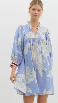 Blue Floral Print Pullover Mini Dress