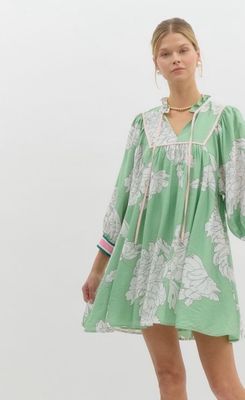 Mint Floral Print Pullover Mini Dress
