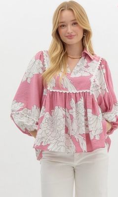 Pink Floral Print V-Neck Flow Top