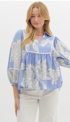 Blue Floral Print V-Neck Flow Top