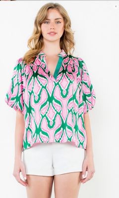 THML Puff Sleeve Kelly Green &amp; Pink Top