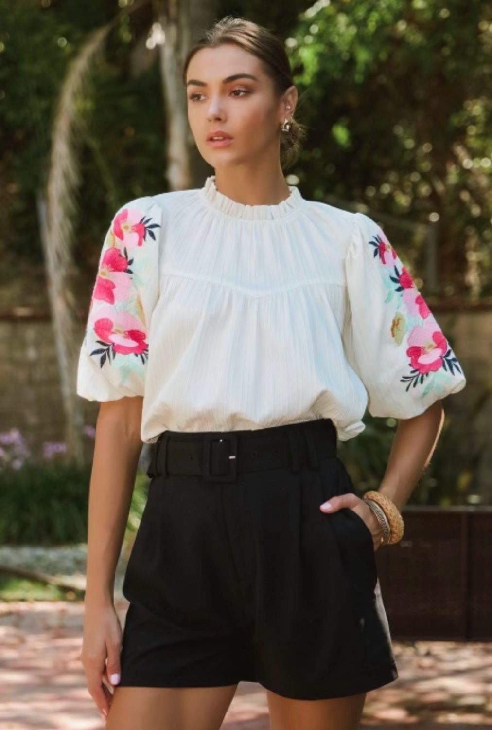 Ivory Puff Sleeve Floral Embroidered Top