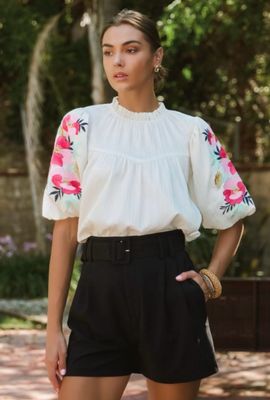 Ivory Puff Sleeve Floral Embroidered Top