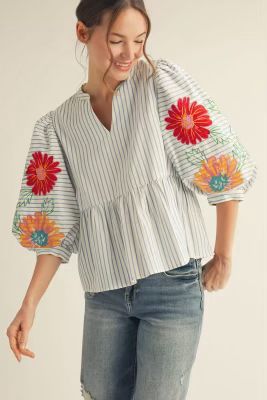Striped &amp; Floral Puff Sleeve Top