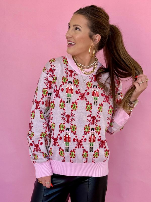 Queen of Sparkles Light Pink Nutcracker &amp; Candy Cane Sweater