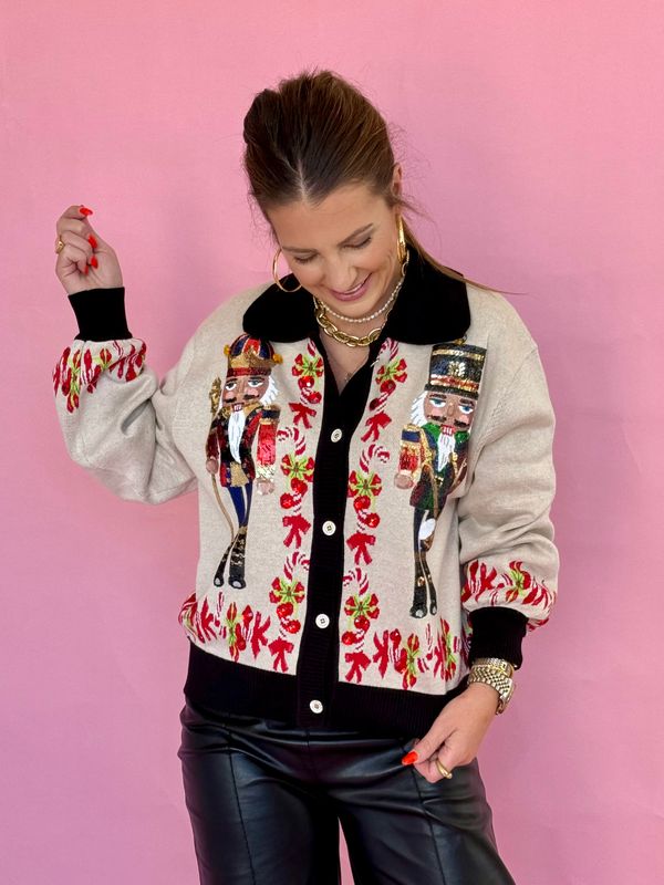 Queen of Sparkles Black Trim Collar Nutcracker &amp; Candy Cane Button Up Cardigan