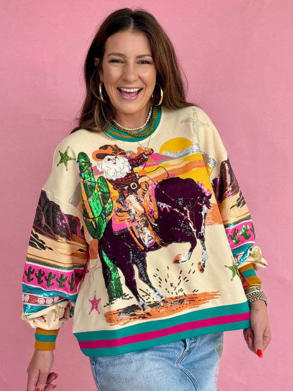 Queen Of Sparkle Multi Vintage Cowboy Santa Sweatshirt