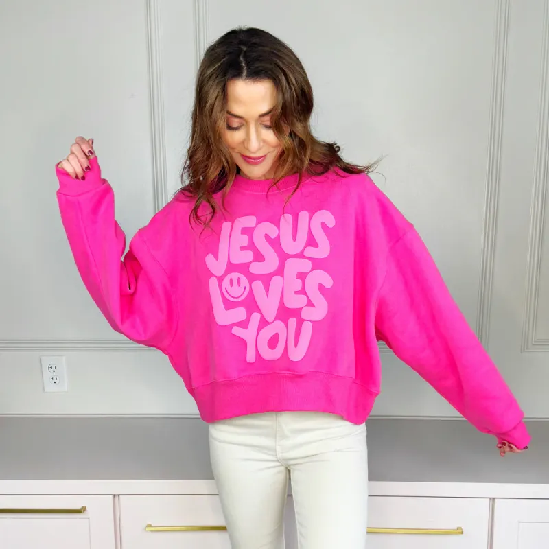 Smiley Jesus Loves You Puff Sweatshirt-Pink