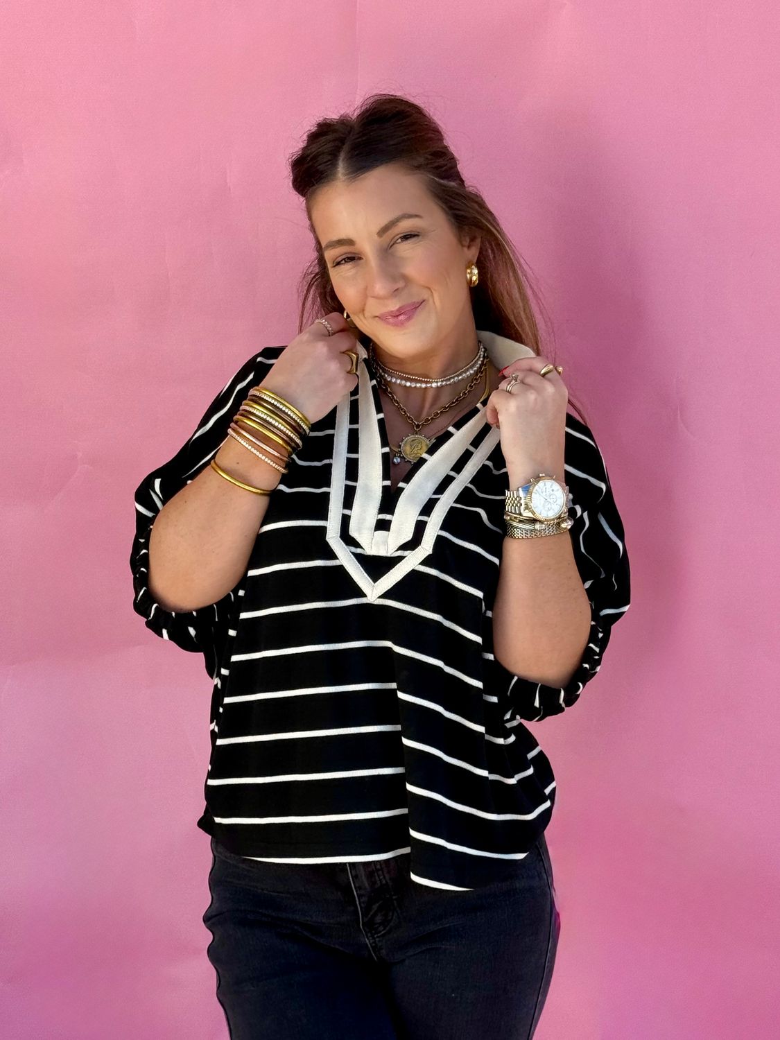 Coastal Breeze Stripe Popover Top - Black/Navy